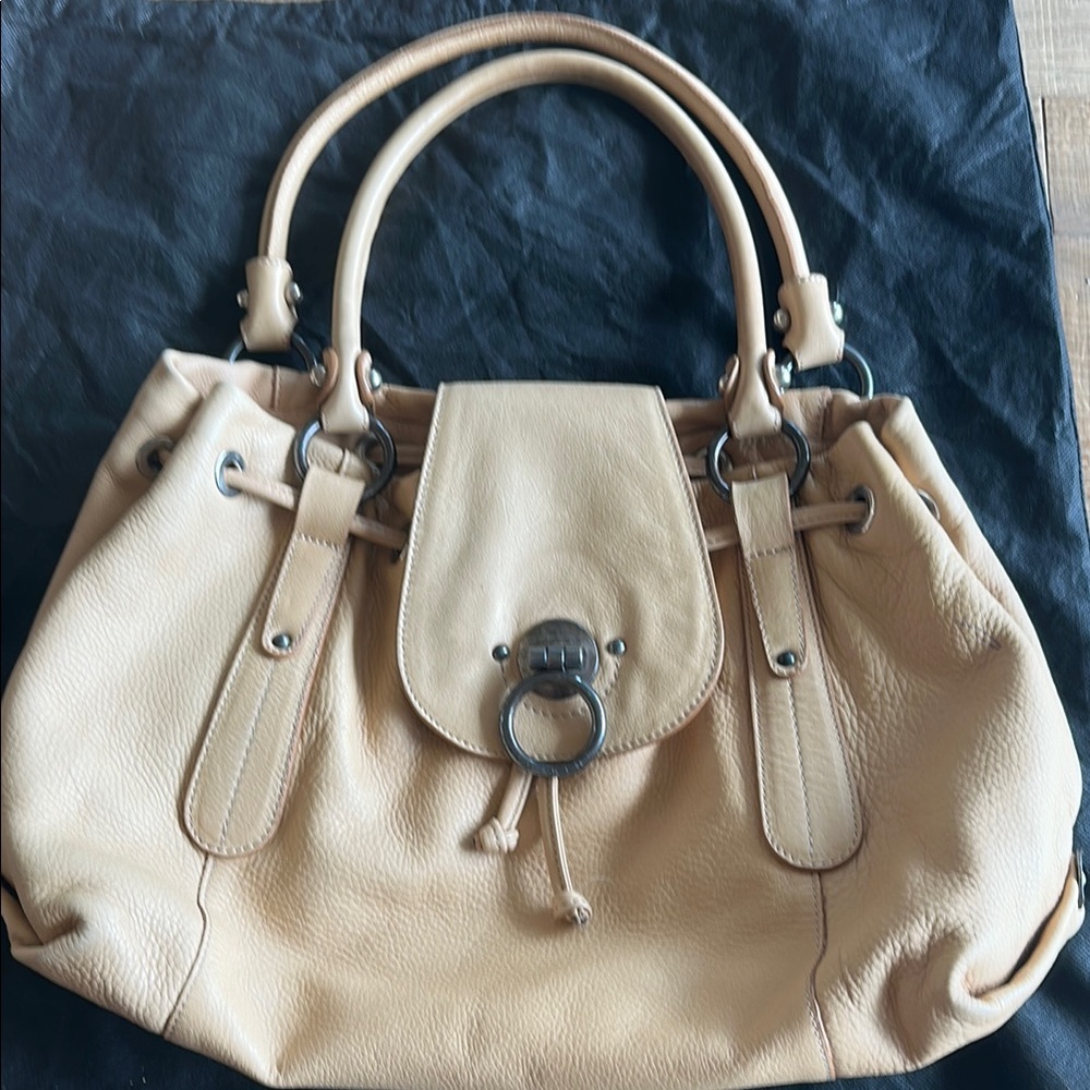 Tan Shoulder Bag with Elegant Hardware and Slouchy Design